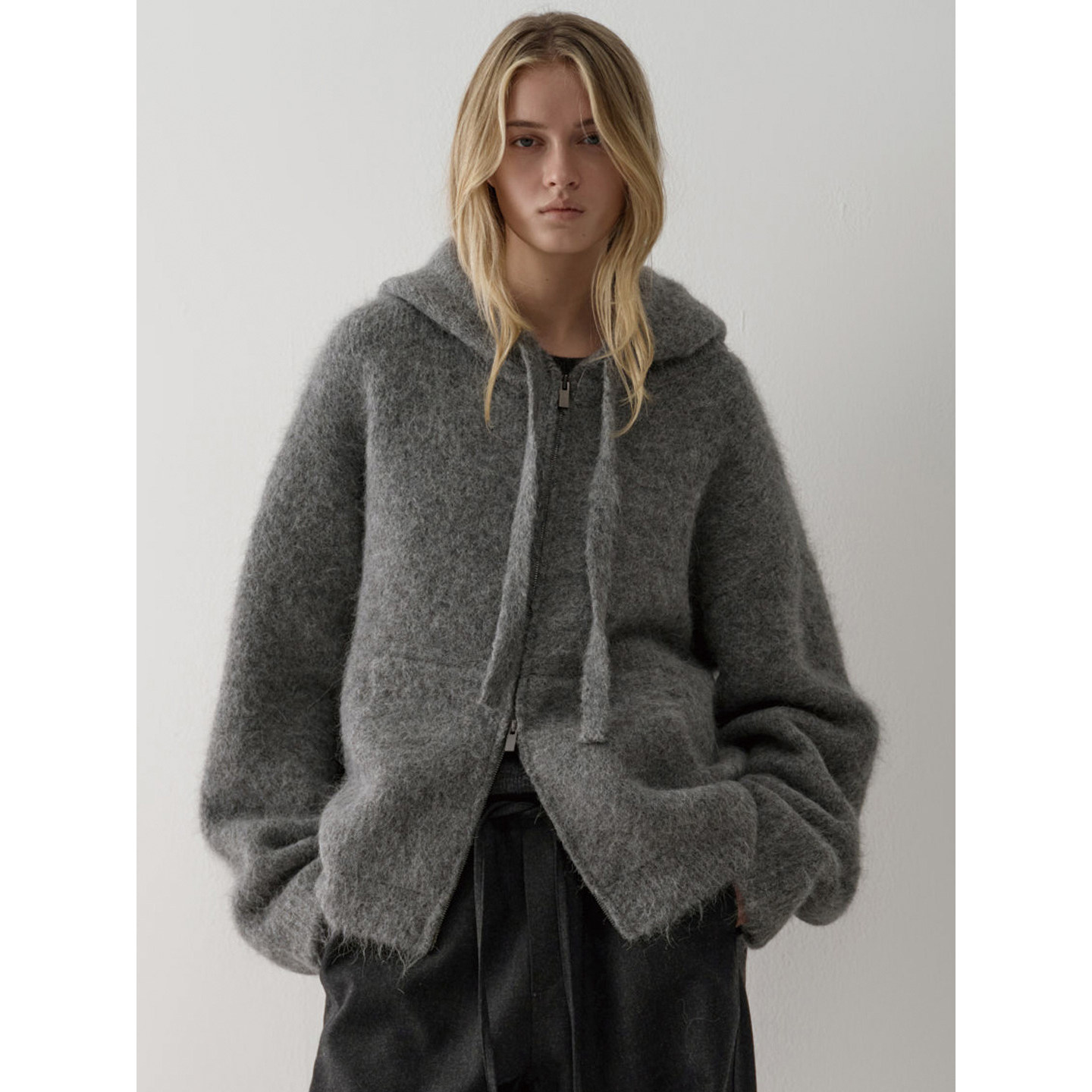 羊驼毛针织衫女慵懒开衫连帽毛衣