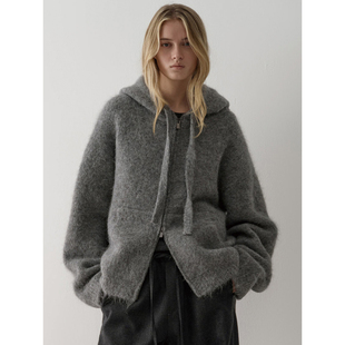 Facade pattern羊驼毛针织衫女秋冬慵懒宽松显瘦开衫保暖连帽毛衣