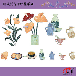 65-78复古大理石纹水移画厨房卫生间瓷砖马桶玻璃门空调冰箱贴花