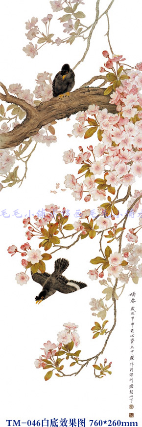 tm-046 工笔花鸟海棠花图水移画中国画橱柜台面茶几屏风瓷砖墙贴