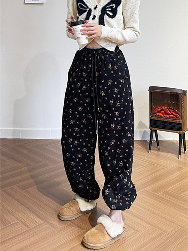 高腰国潮小碎花九分裤秋冬卫裤