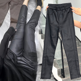 秋冬欧货涂层PU皮裤休闲松紧高腰纯色净版加绒简约开叉九分直筒裤