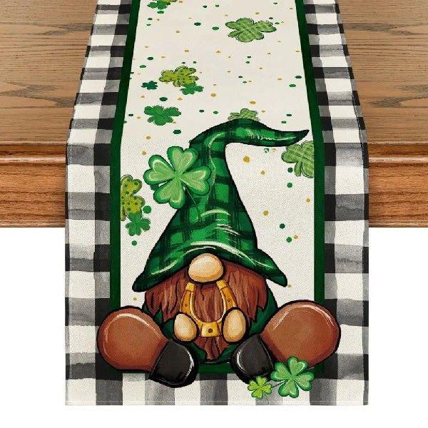 Buffalo Plaid Shamrock Gnome Table Runner, Spring Holiday