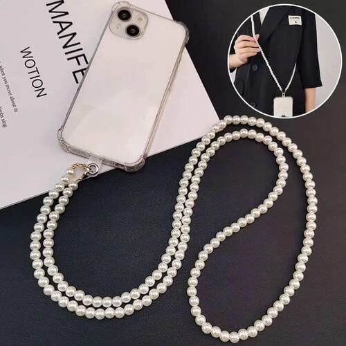 Long Mobile Phone Lanyard Pearl Crossbody Necklace Chain Str