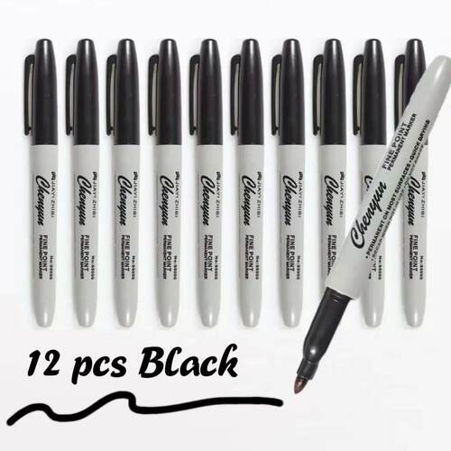 12pcs Black Permanent Marker Pens, Fine Tip, Waterproof, Qui