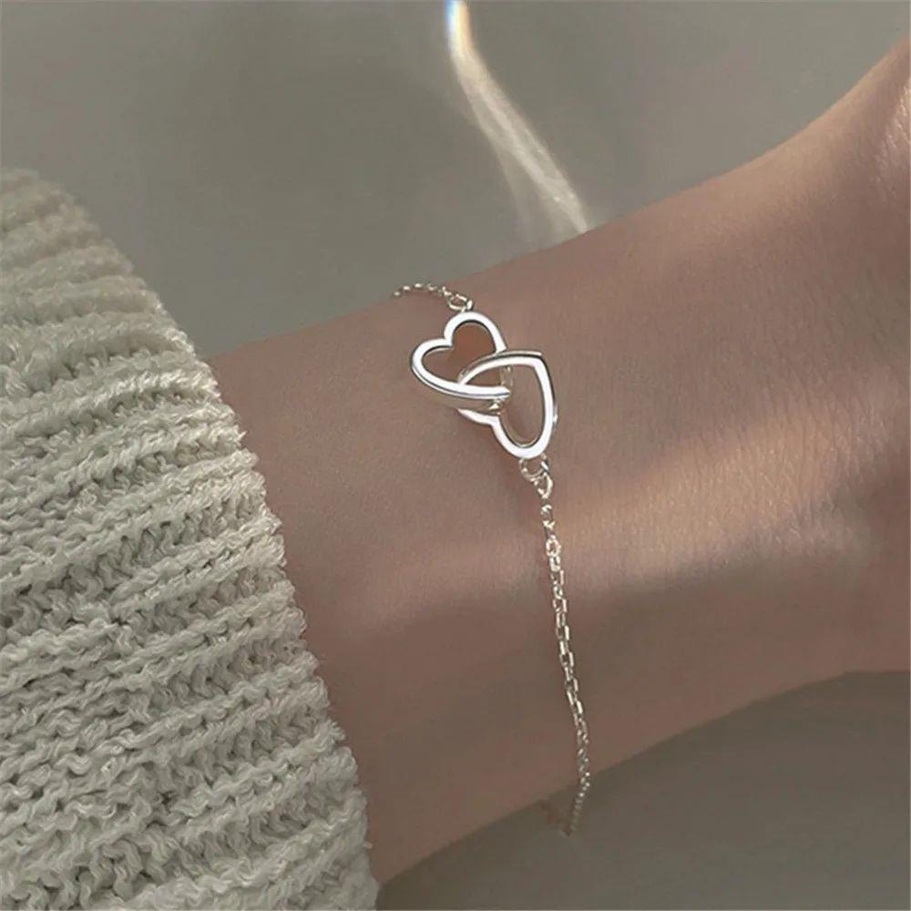New Silver Color Double Interlocking Small Hearts Bracelet B