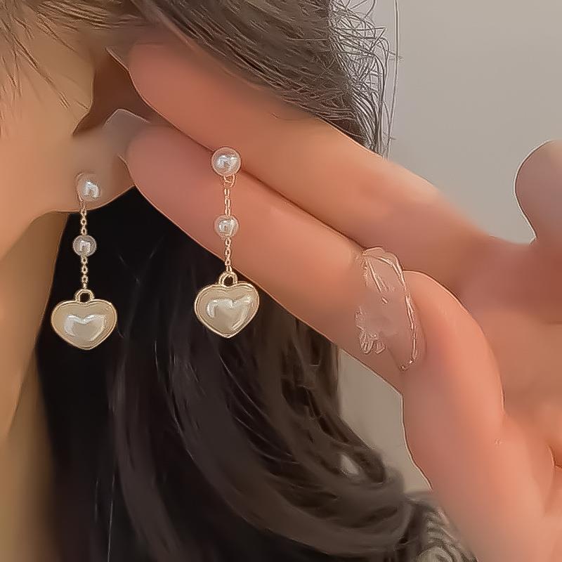 Women Sweet style Retro Pearl Heart Tassel Earrings 珍珠耳环