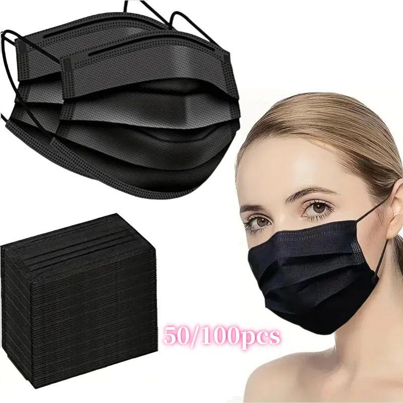100pcs Black Disposable Face Masks 3-Layer Breathable Anti-D