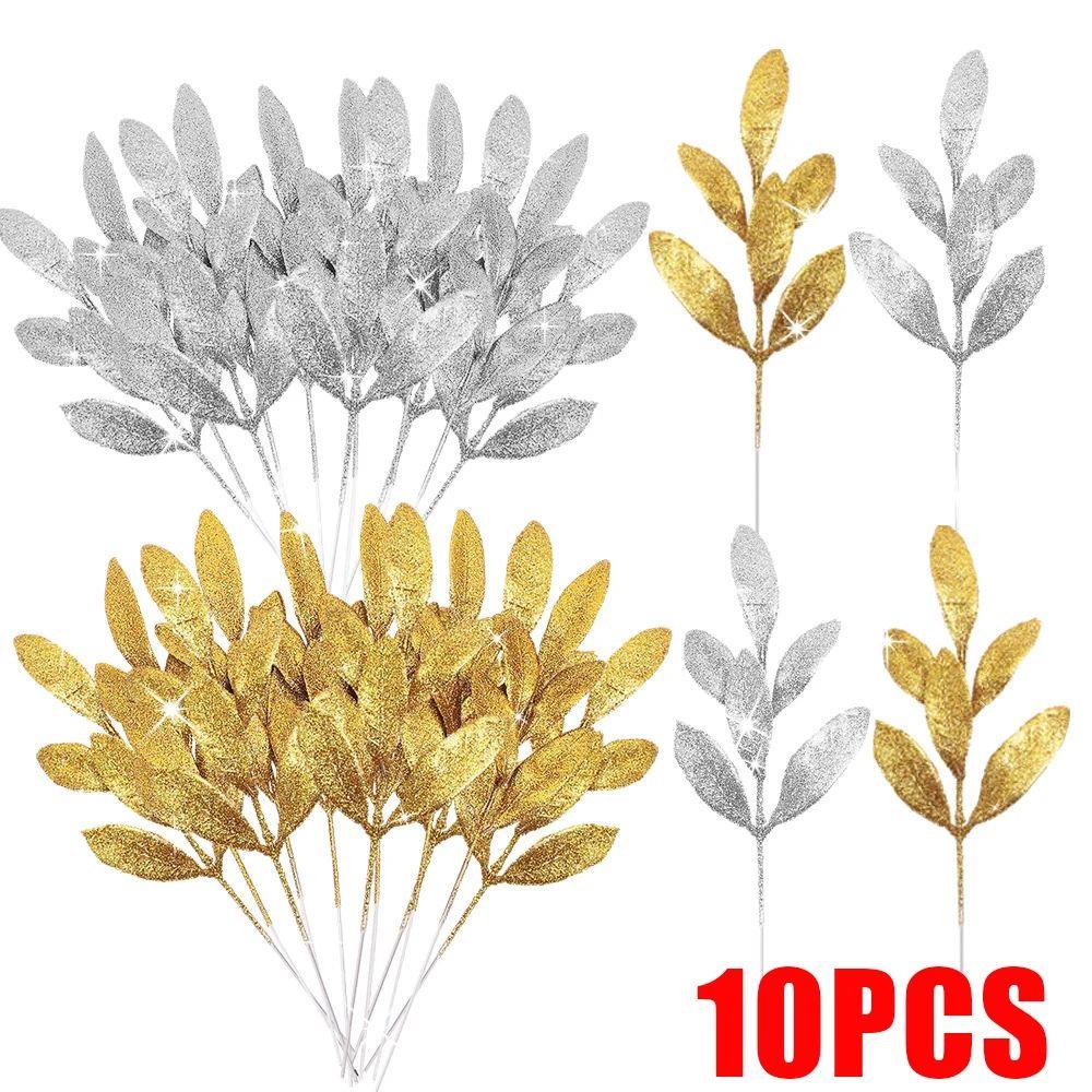 10Pcs Glitter Gold Silver Leaves Christmas Tree Decoration