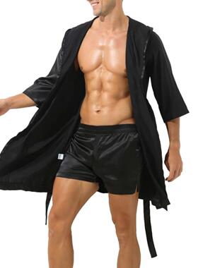 Men Bathrobe Pajamas Nightgown Hooded Loose Satin Silk Sleep