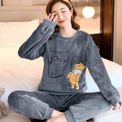 Flannel Pajamas Women Round Neck Suit Thickened Warm Cartoon