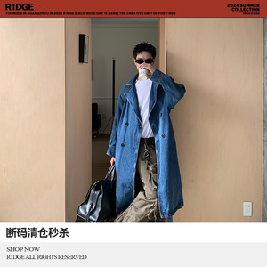 R1DGE美式复古牛仔大衣男设计感休闲宽松中长款潮牌外套流行风衣