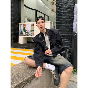 R1DGE美式复古立体结构垫肩牛仔外套男女宽松痞帅高街夹克上衣潮