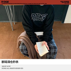 R1DGE原创美式复古圆领卫衣男女套头字母印花情侣宽松休闲上衣