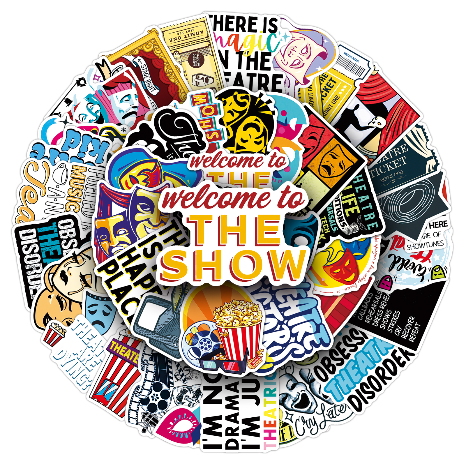 50张戏剧创意卡通贴纸Theatre英文涂鸦装饰防水滑板头盔手机贴纸