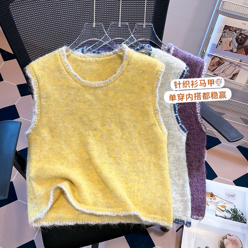 实拍高级感撞色无袖针织背心女2025早秋新款法式复古洋气别致上衣