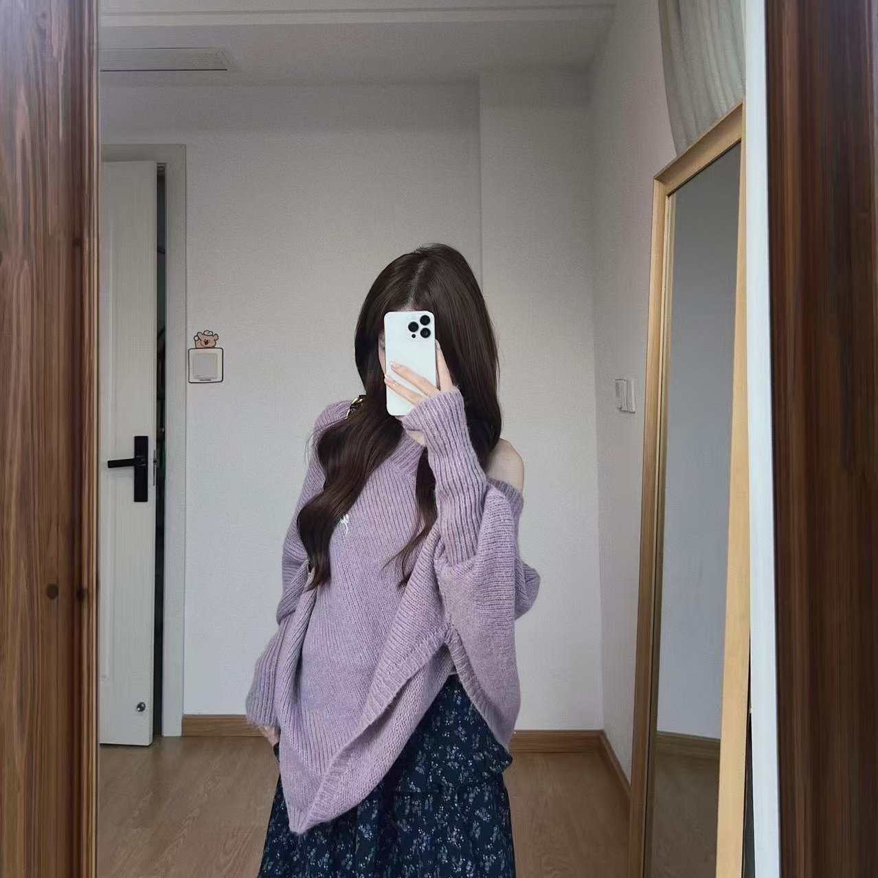 WESTAYONE斜肩毛衣上衣女宽松慵懒加碎花半身长裙小个子