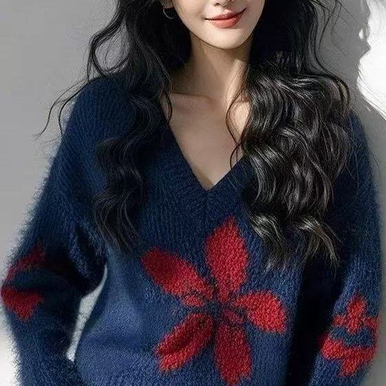 2025新款好看上衣藏蓝色v领宽松针织毛衣女好看时尚款V领毛衣