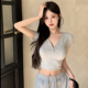 上衣潮 辣妹纽扣紧身显瘦露脐短款 韩系高级灰正肩v领短袖 t恤女夏季