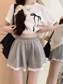 小众外穿短裤 百搭显瘦松紧腰宽松阔腿裤 女夏季 蕾丝花边灰色休闲裤