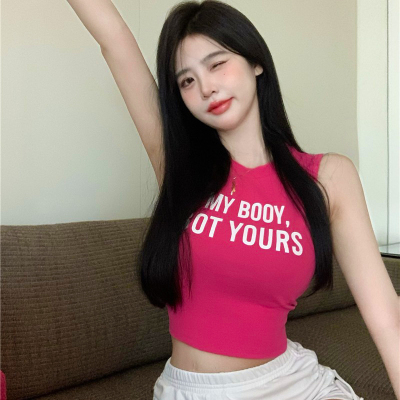 火龙果色无袖t恤女夏季法式