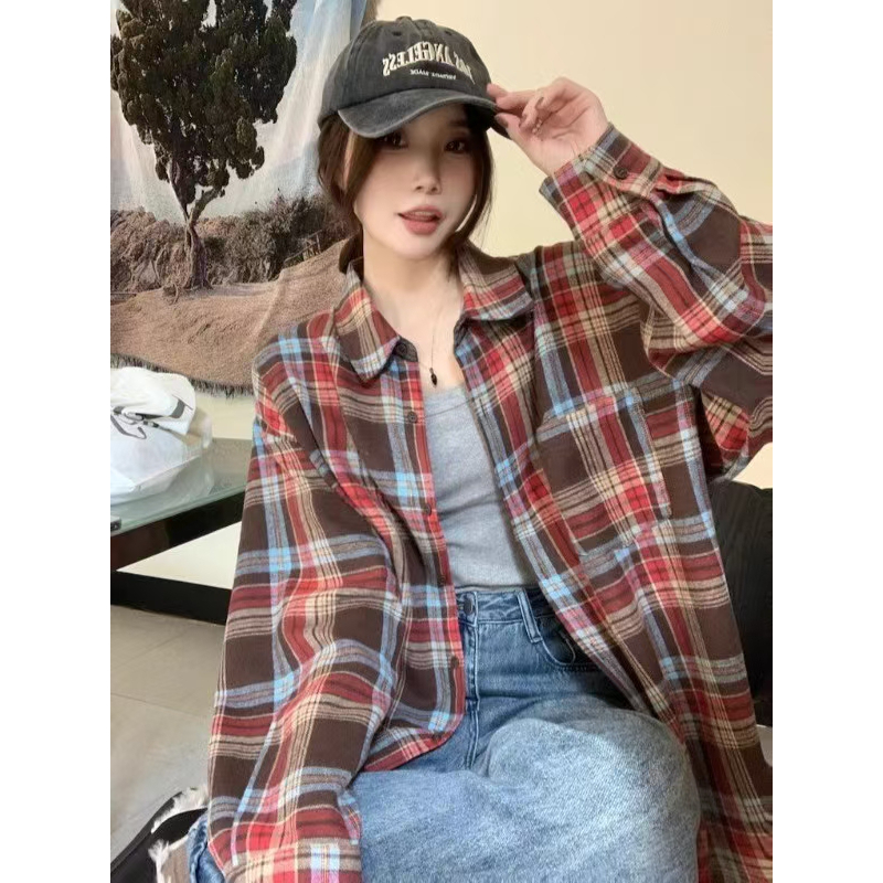 红色磨毛格子衬衫女款2024秋冬