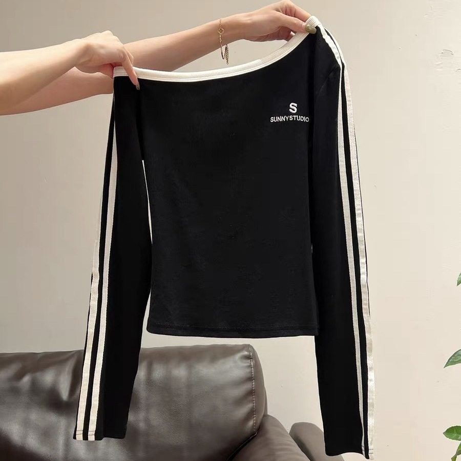 斜肩露肩条纹拼接刺绣长袖t恤女2025年秋季新款修身显瘦短款上衣