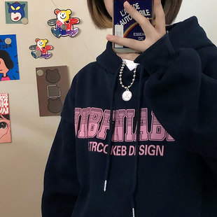 ins超火卫衣女秋冬waitmore连帽加绒加厚外套韩版潮学生宽松上衣