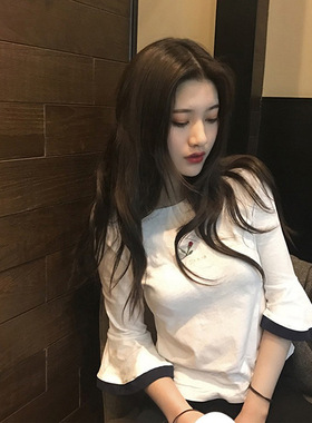 超火cec短袖t恤女ins潮洋气修身显瘦七分袖喇叭袖半袖体恤上衣服