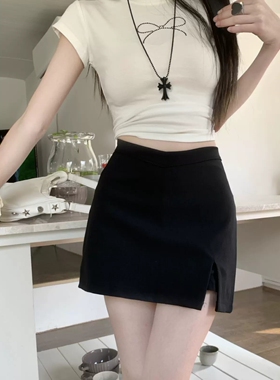 美式辣妹黑色半身裙女夏季高腰开叉包臀裙防走光a字裙小个子短裙