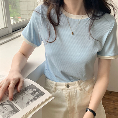 撞色圆领正肩短袖T恤女