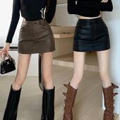咖色pu皮裙子半身裙女秋冬季 胖mm显瘦包臀裙辣妹短裙 新款 高腰大码