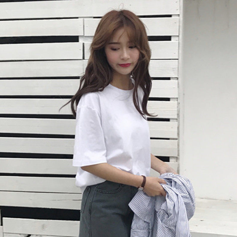 春夏装韩版百搭纯色短袖t恤女宽松白色体恤打底衫学生圆领上衣服