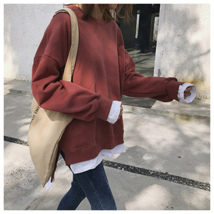 ins超火假两件卫衣女秋冬韩版加绒加厚圆领外套学生宽松慵懒上衣