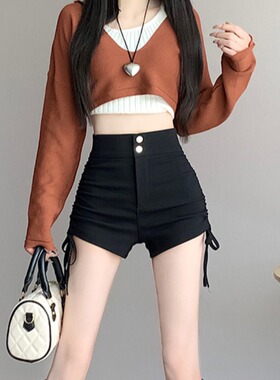 黑色抽绳短裤子女2026新款夏季高腰显瘦包臀性感辣妹弹力紧身热裤