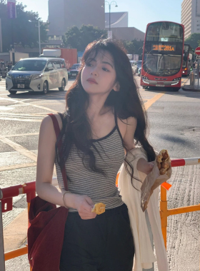 灰色条纹露背吊带背心女夏夏季海边度假性感辣妹美背内搭外穿上衣