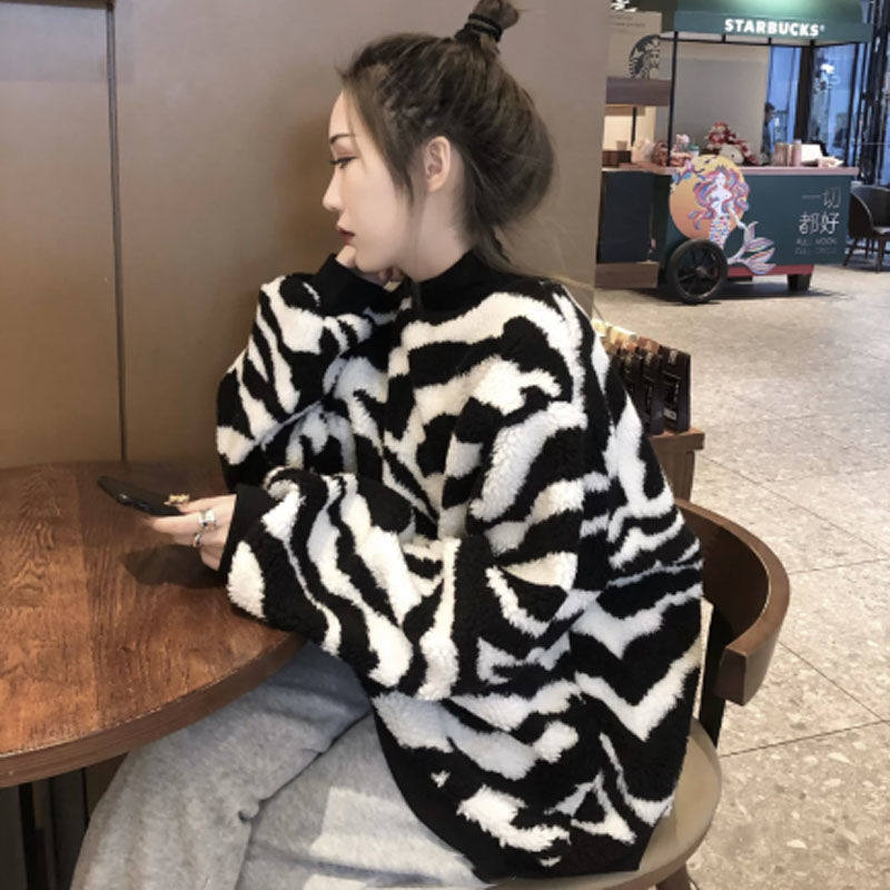 大码女装秋冬豹纹毛衣女圆领宽松内搭胖mm针织羊毛打底衫外穿爆款