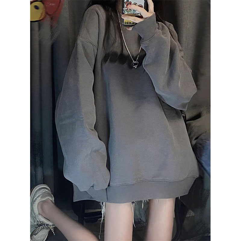 慵懒风美式灰色圆领oversize