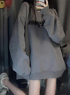 慵懒风美式灰色圆领oversize卫衣女春秋装2025年新款宽松长袖上衣