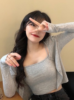 纯欲辣妹性感吊带背心女夏季套装长袖防晒开衫上衣黑色两件套