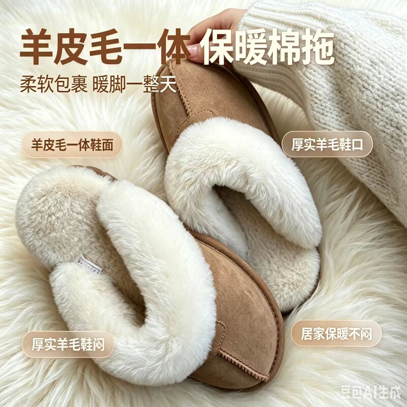 秋冬羊皮毛一体包头保暖防滑棉拖