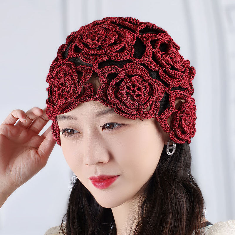 镂空钩花针织帽女春秋单层复古洋气瓜皮帽手工编织毛线帽精致优雅