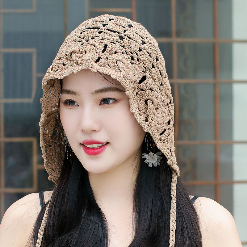 手工钩花针织帽女甜美可爱帽子复古编织毛线帽春秋镂空单层装饰帽