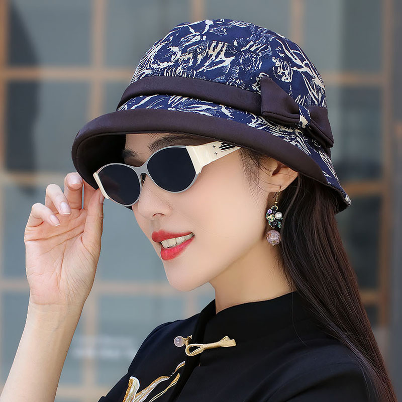 秋上新翻边印花圆平顶盆帽中老年时装帽可折叠渔夫帽遮白发帽女帽