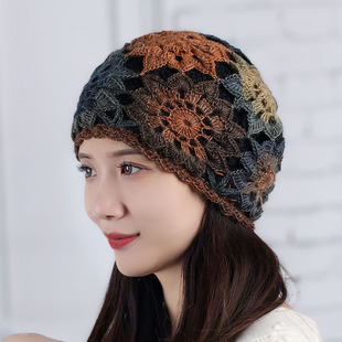羊毛手工彩色花朵帽双层加厚马海毛包头帽遮白发针织毛线帽女冬天