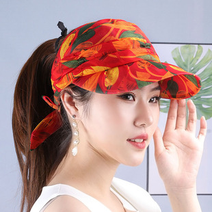 雪纺空顶帽女春夏天薄款透气鸭舌帽田园风印花遮阳帽户外出游纱帽