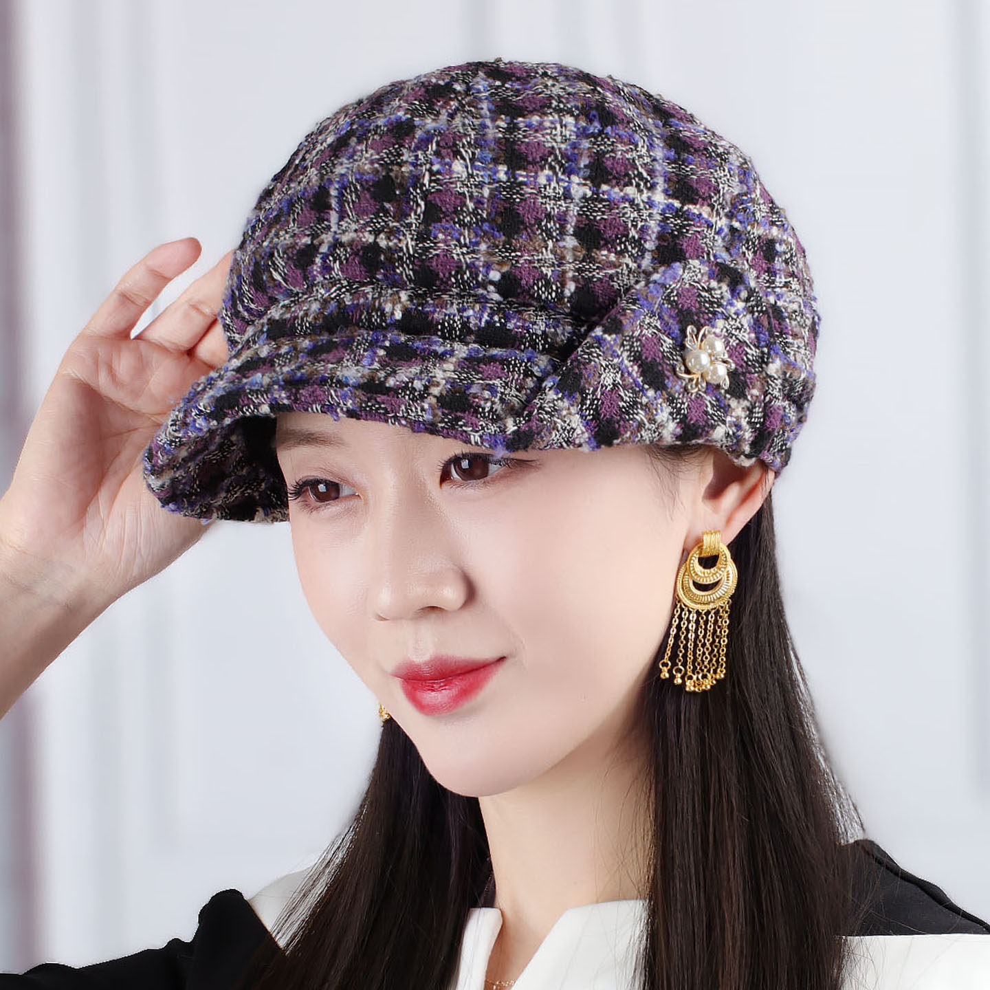 粗花呢翻边格子翻边鸭舌贝雷帽可折叠时装帽鸭舌八角帽中老年帽子