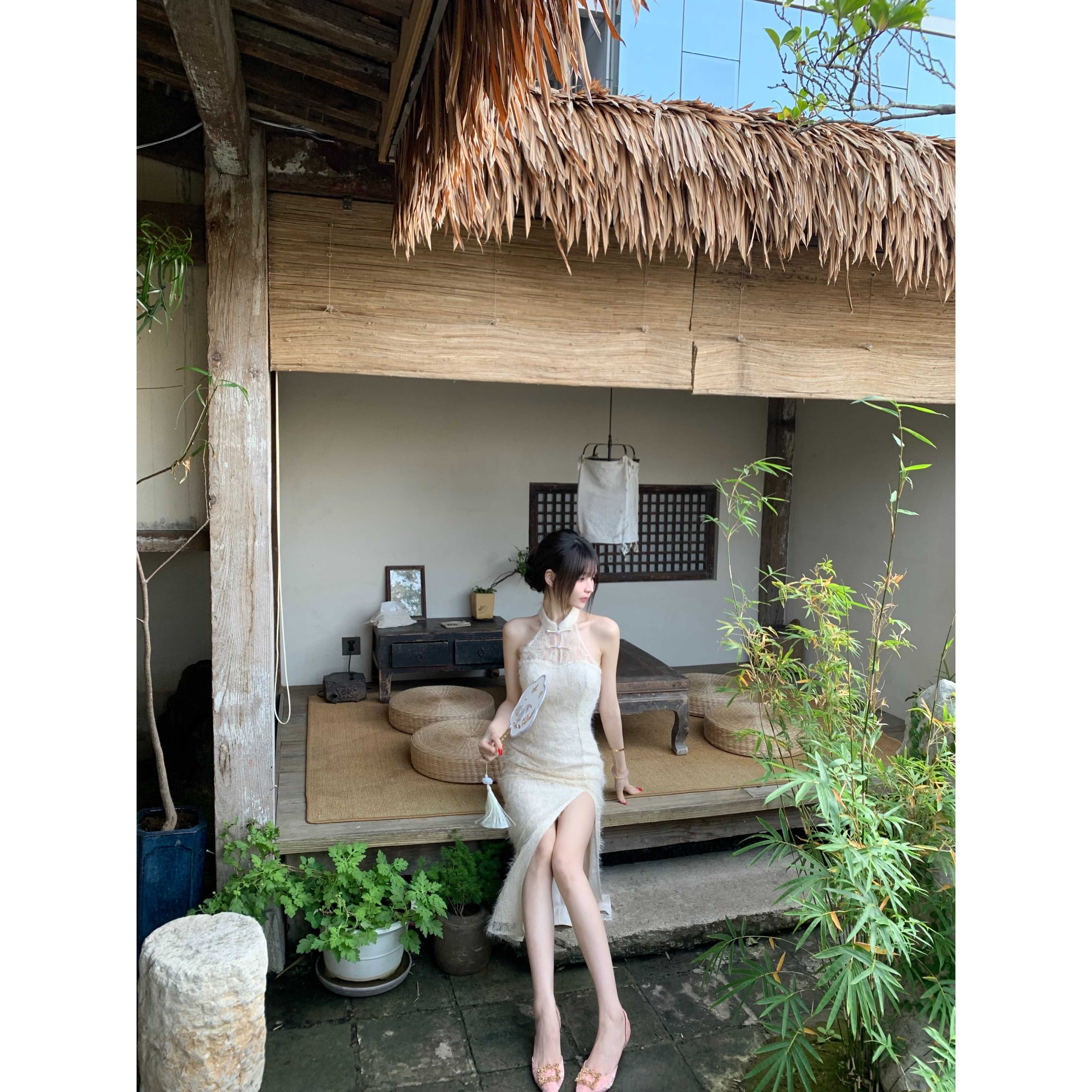 你家辣辣【妲己】春装新款白色长款旗袍裙女高开衩新中式连衣裙