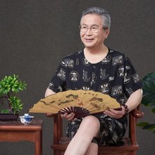 中老年人夏季男士绵绸套装大码长袖开衫棉绸套装爷爷装两件套