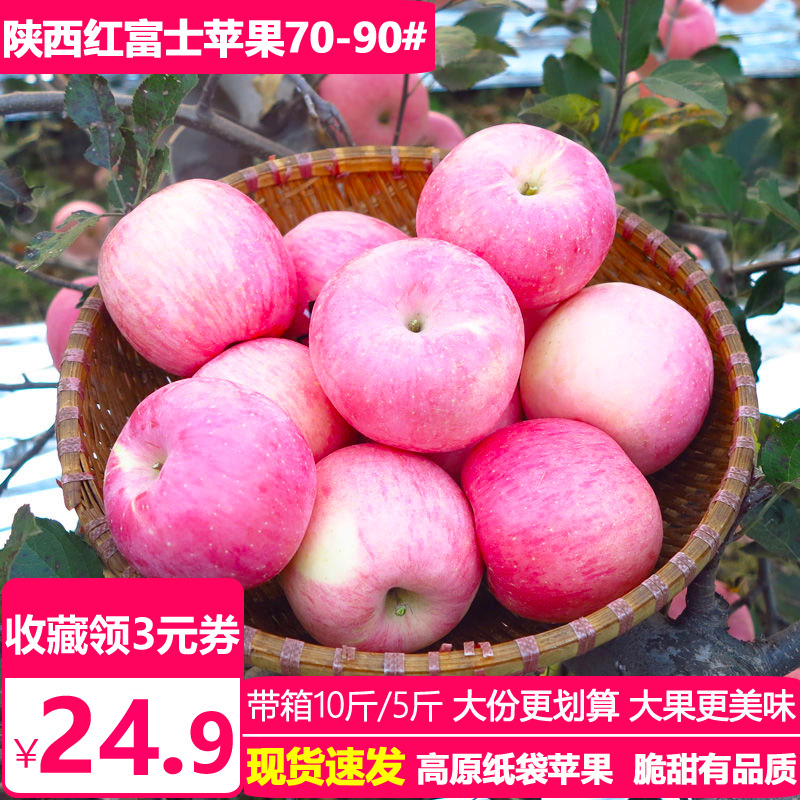 陕西苹果水果新鲜5斤整箱批发包邮高原纸袋红富士平萍苹果吃的